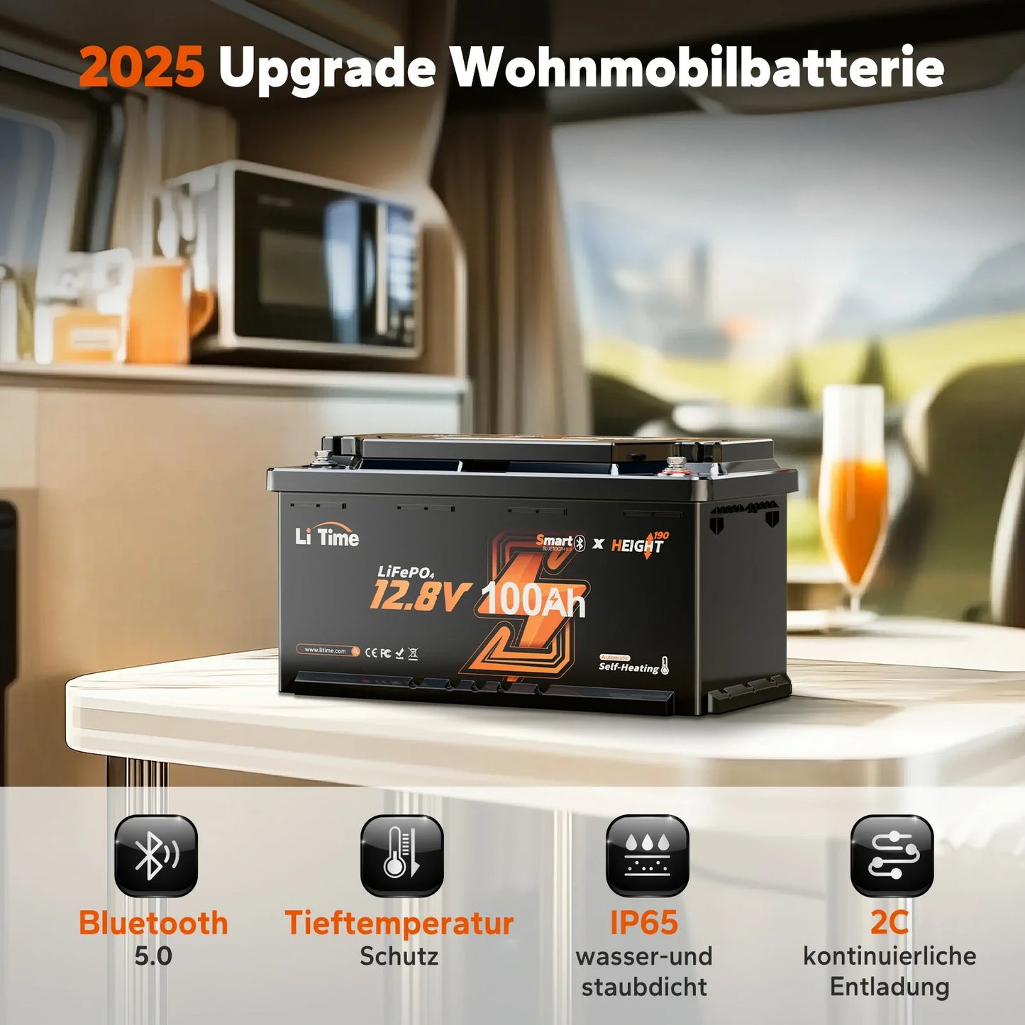 LiTime LiFePO4 12V 100Ah H190 Batterie – 200A BMS, Bluetooth, Heizung, Untersitz DIN H8