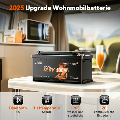 LiTime LiFePO4 12V 100Ah H190 Batterie – 200A BMS, Bluetooth, Heizung, Untersitz DIN H8