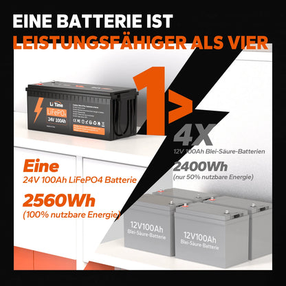 Premium 24V 100Ah LiFePO4 Batterie – 2560Wh für Solar, Boote & Off-Grid (100A BMS)