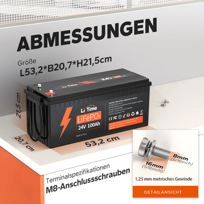 Premium 24V 100Ah LiFePO4 Batterie – 2560Wh für Solar, Boote & Off-Grid (100A BMS)