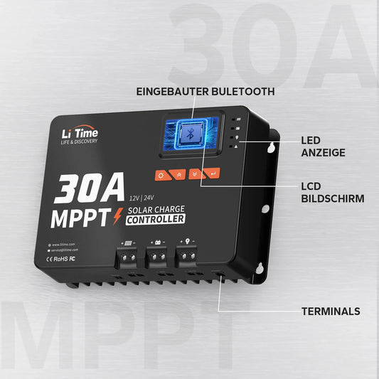 LiTime 30A MPPT Solarladeregler 12V/24V Auto mit Bluetooth Adapter