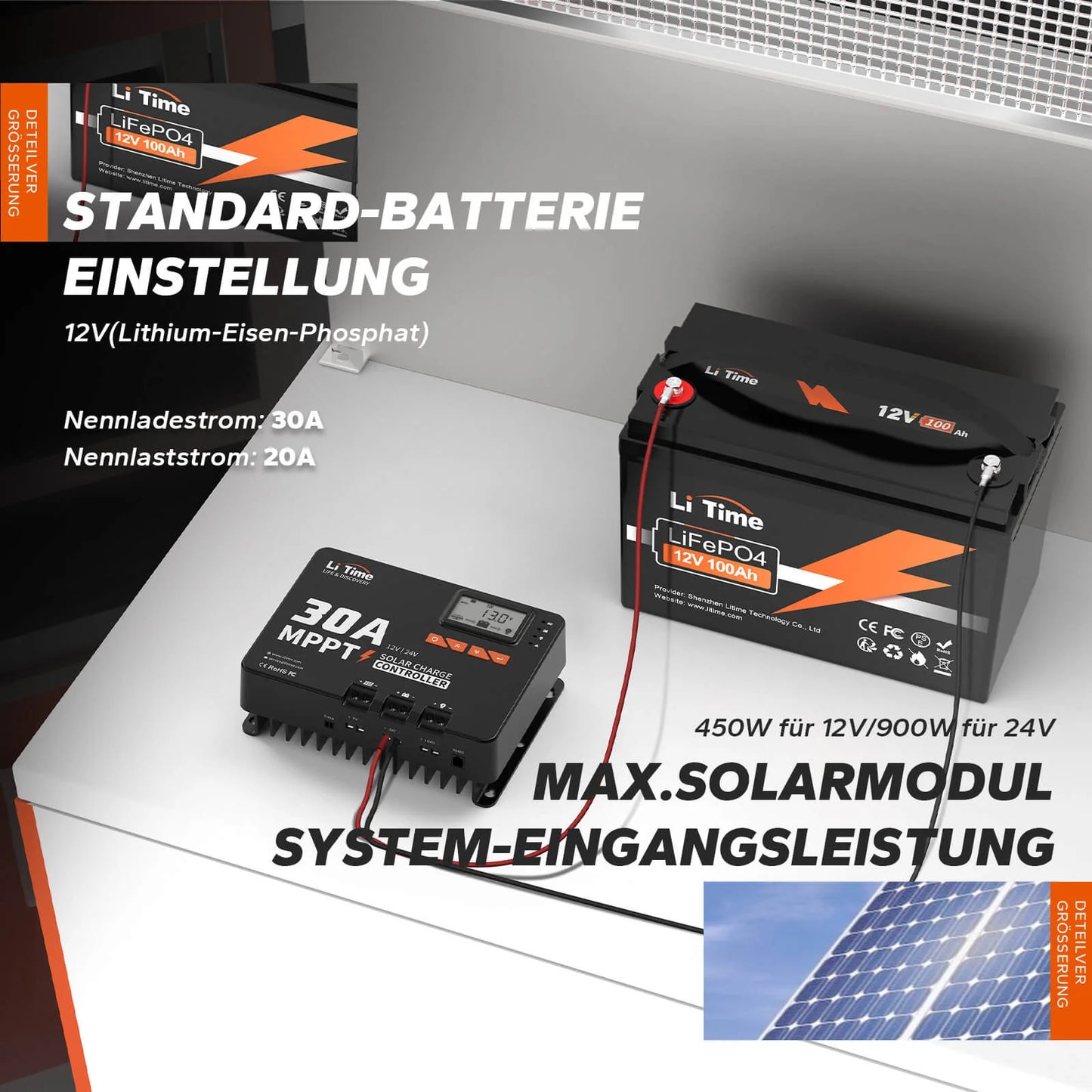 LiTime 30A MPPT Solarladeregler 12V/24V Auto mit Bluetooth Adapter