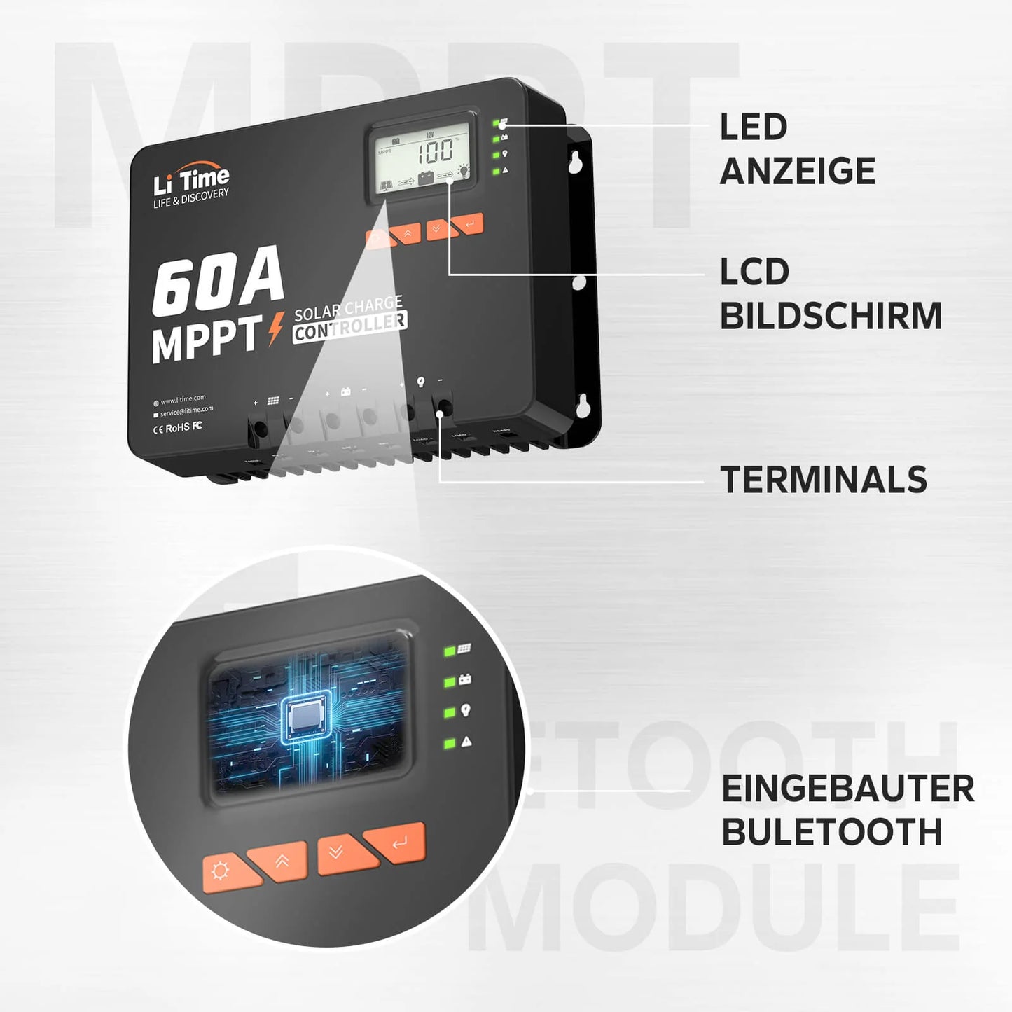 LiTime 60A MPPT Solarladeregler 12V/24V/36V/48V Auto mit Bluetooth
